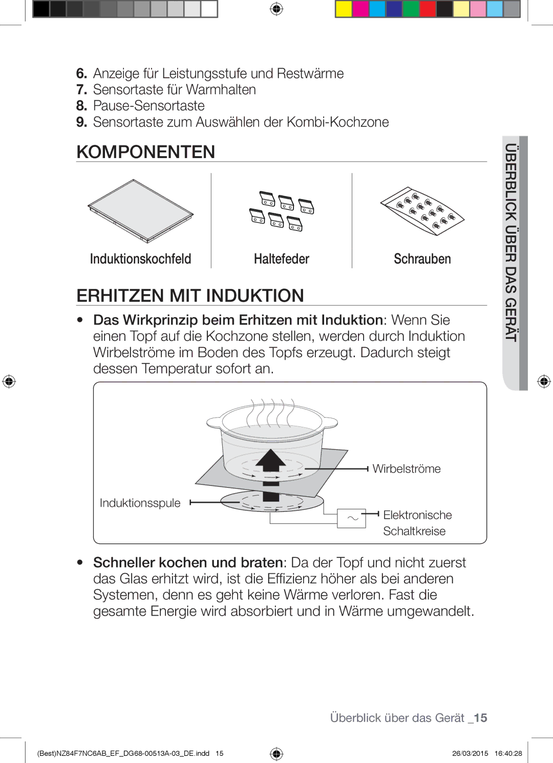 Samsung NZ84F7NC6AB/EF manual Komponenten, Erhitzen MIT Induktion, Induktionskochfeld Haltefeder Schrauben 