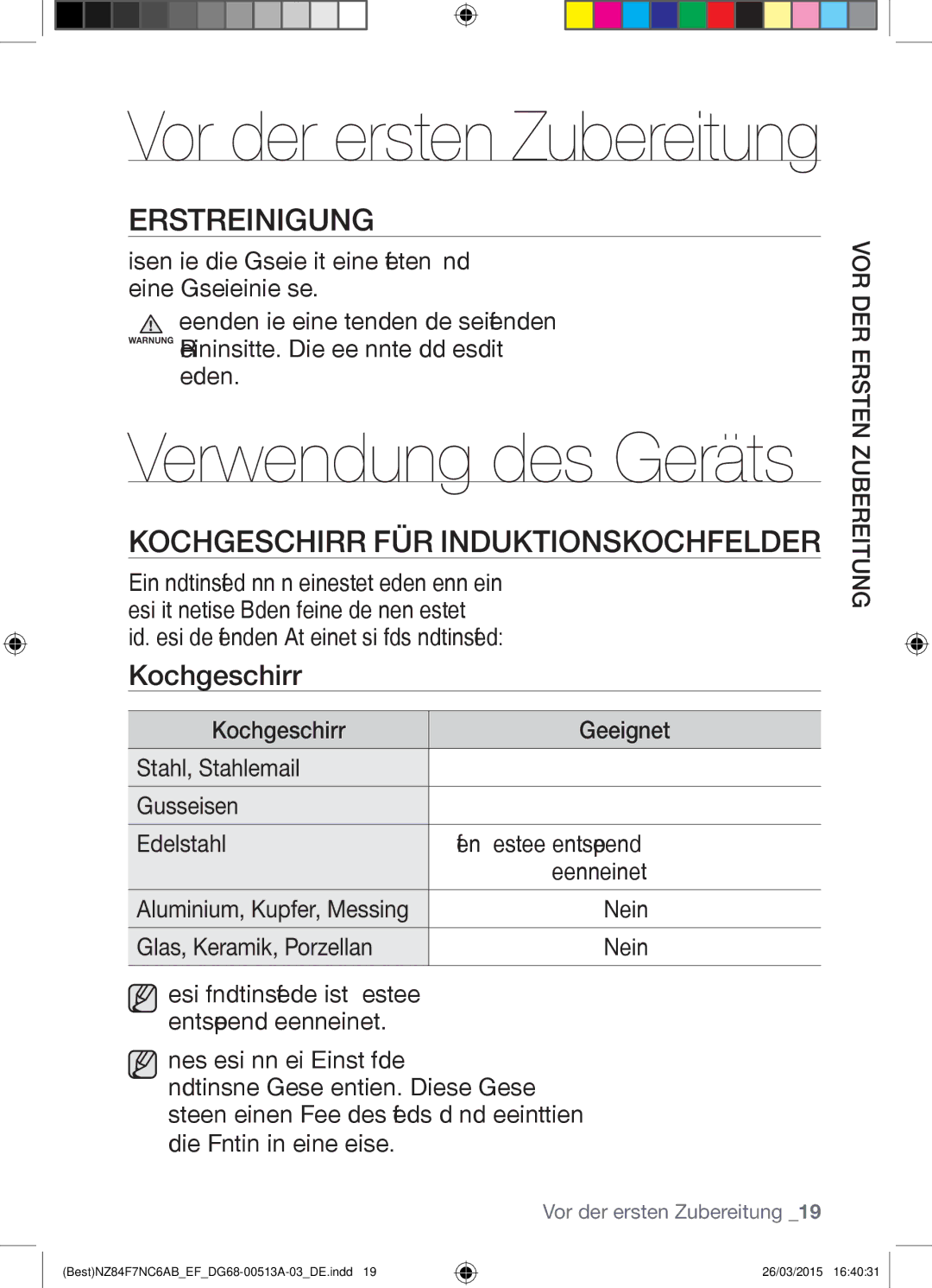 Samsung NZ84F7NC6AB/EF manual Erstreinigung, Kochgeschirr FÜR Induktionskochfelder 