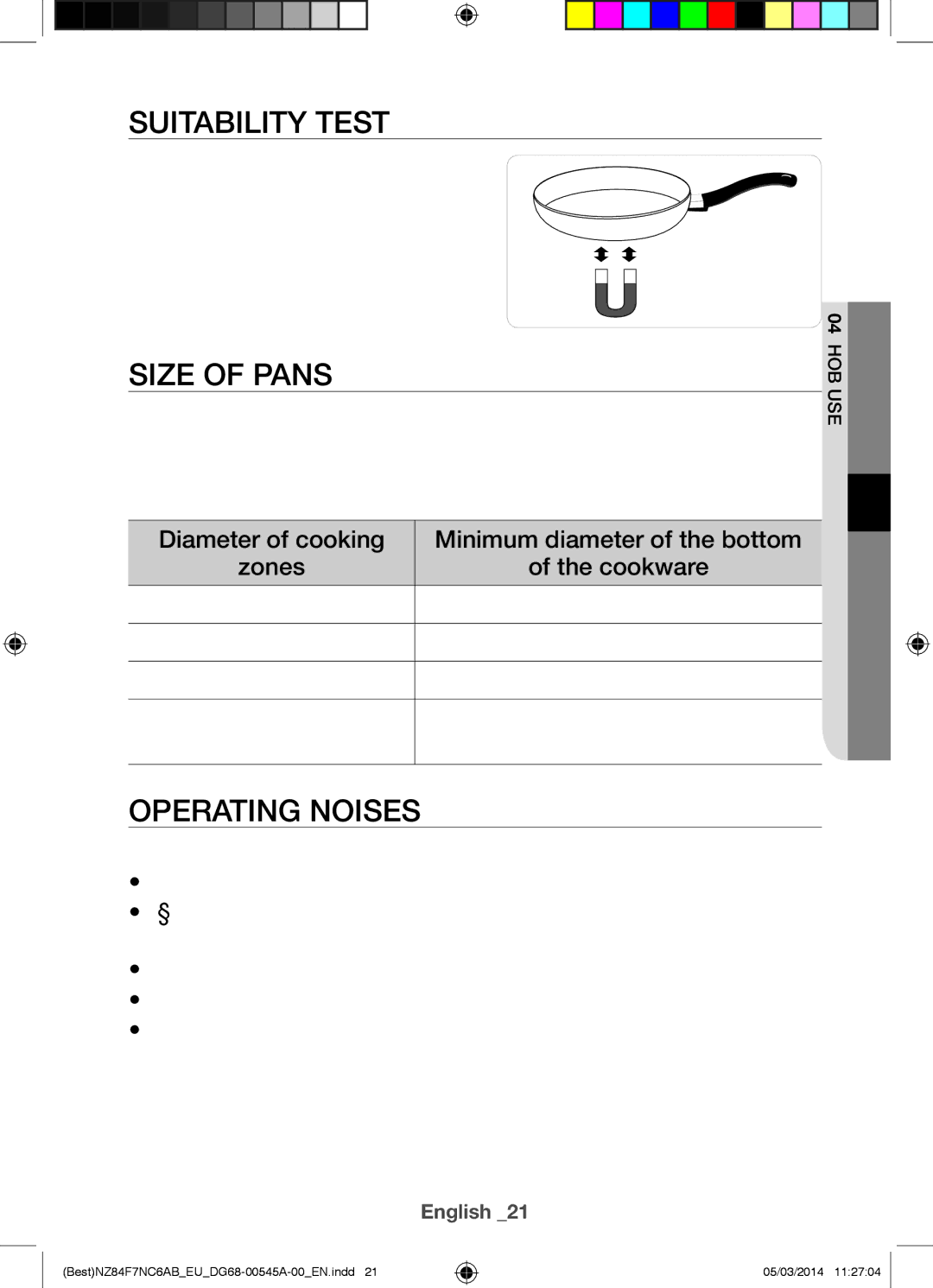 Samsung NZ84F7NC6AB/EU manual Suitability Test, Size of Pans, Operating Noises 