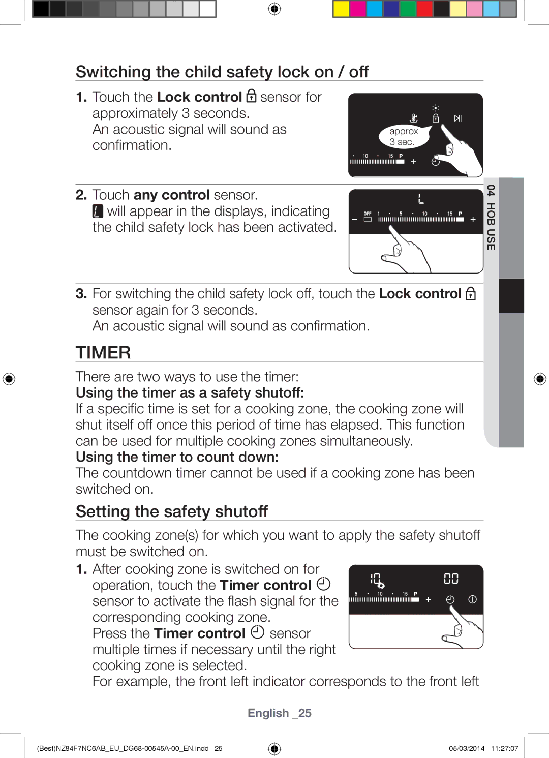 Samsung NZ84F7NC6AB/EU manual Timer, Switching the child safety lock on / off, Setting the safety shutoff 