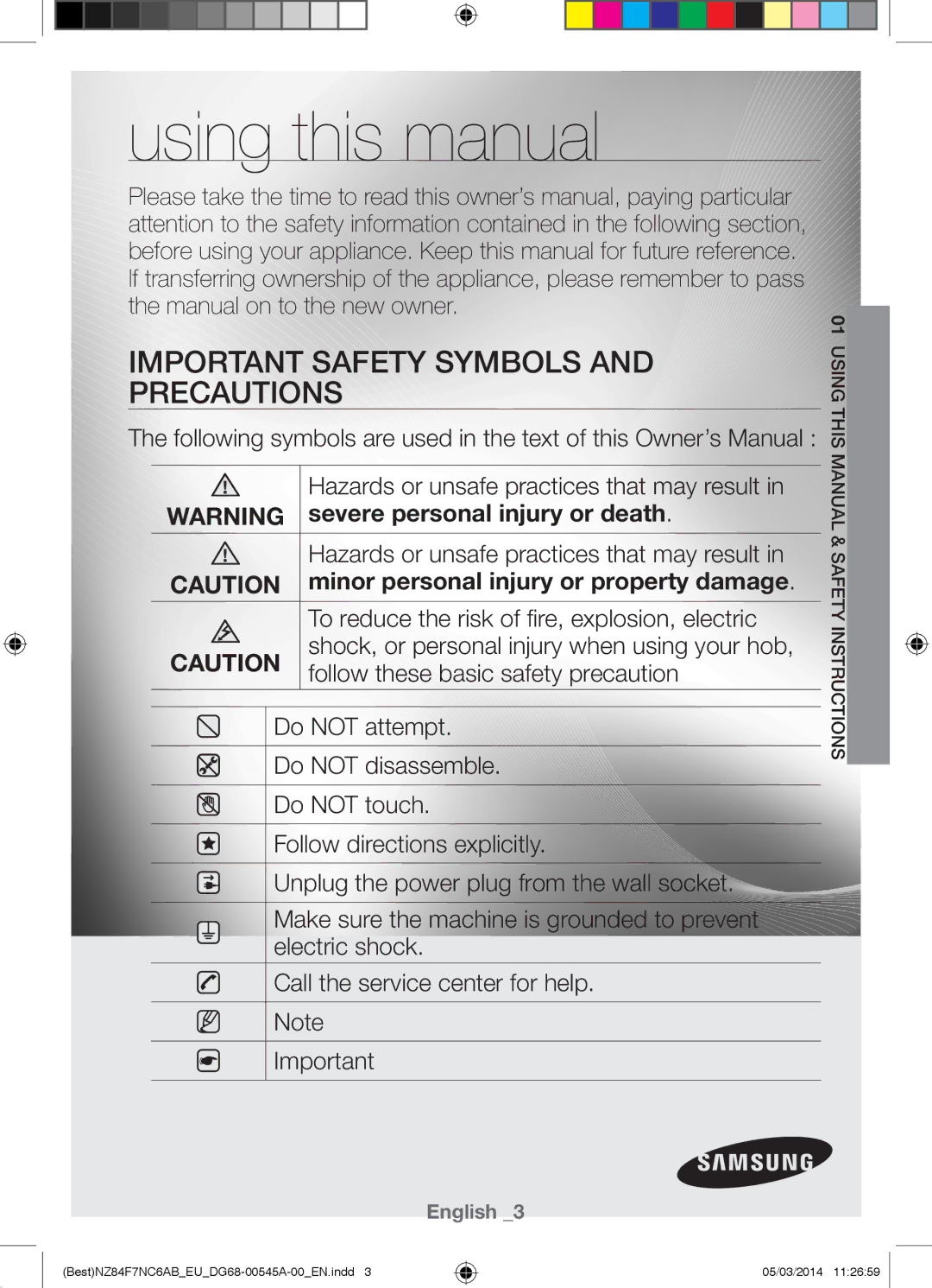 Samsung NZ84F7NC6AB/EU Using this manual, Important Safety Symbols and Precautions 