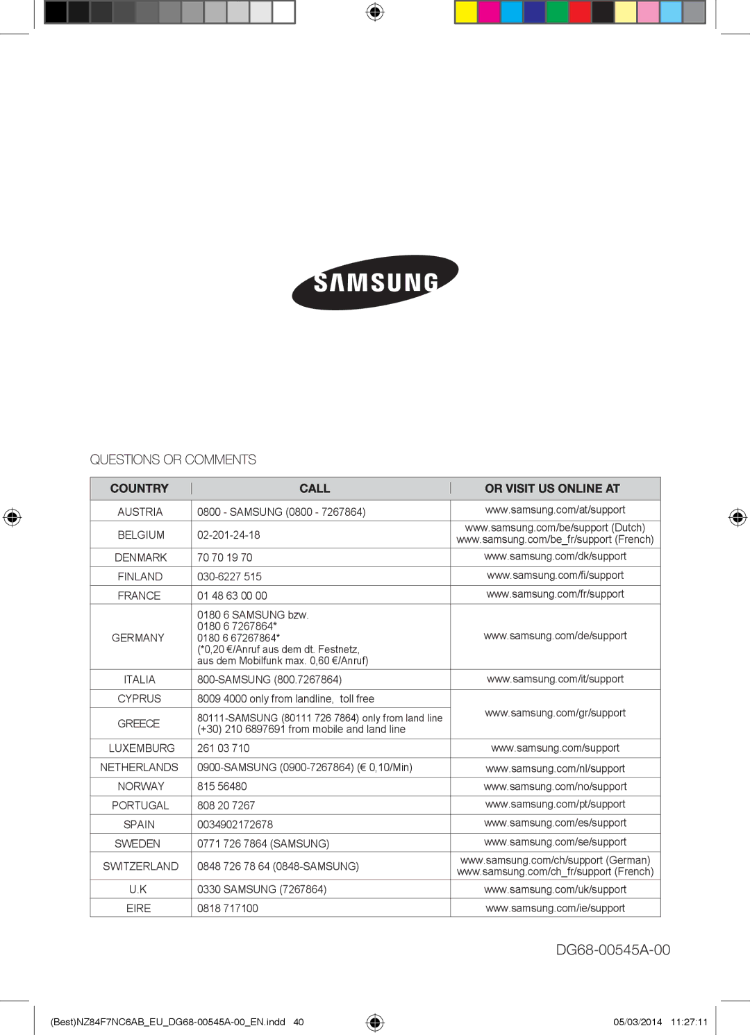 Samsung NZ84F7NC6AB/EU manual DG68-00545A-00 