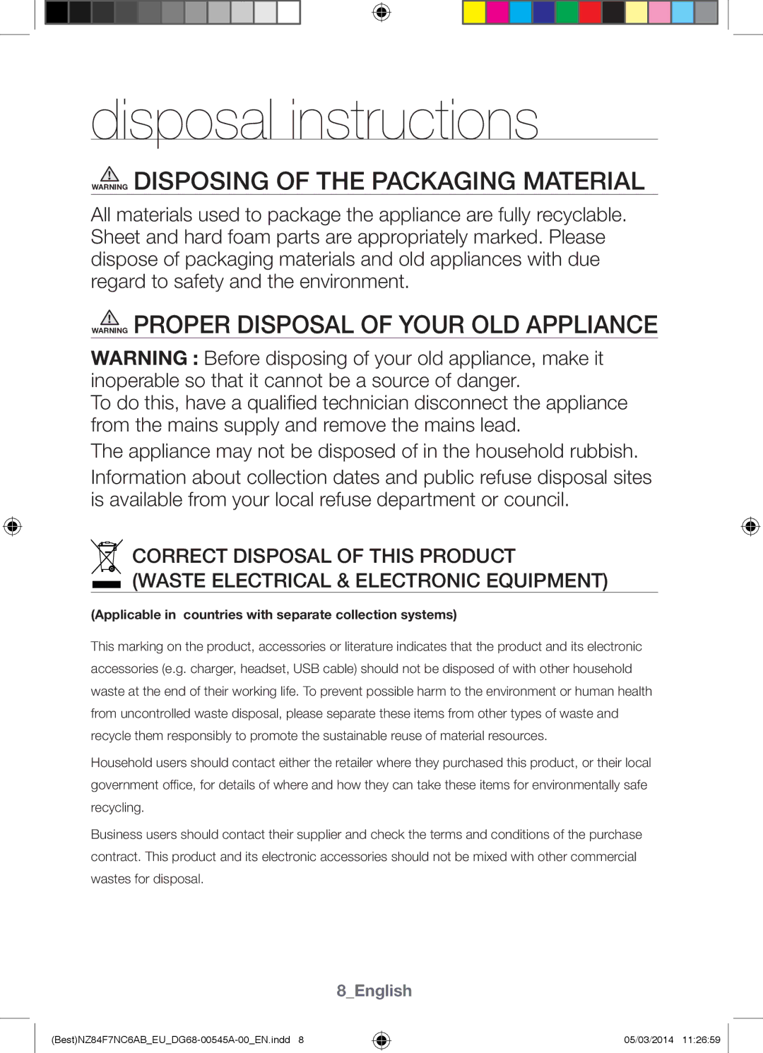 Samsung NZ84F7NC6AB/EU manual Disposal instructions, Applicable in countries with separate collection systems 