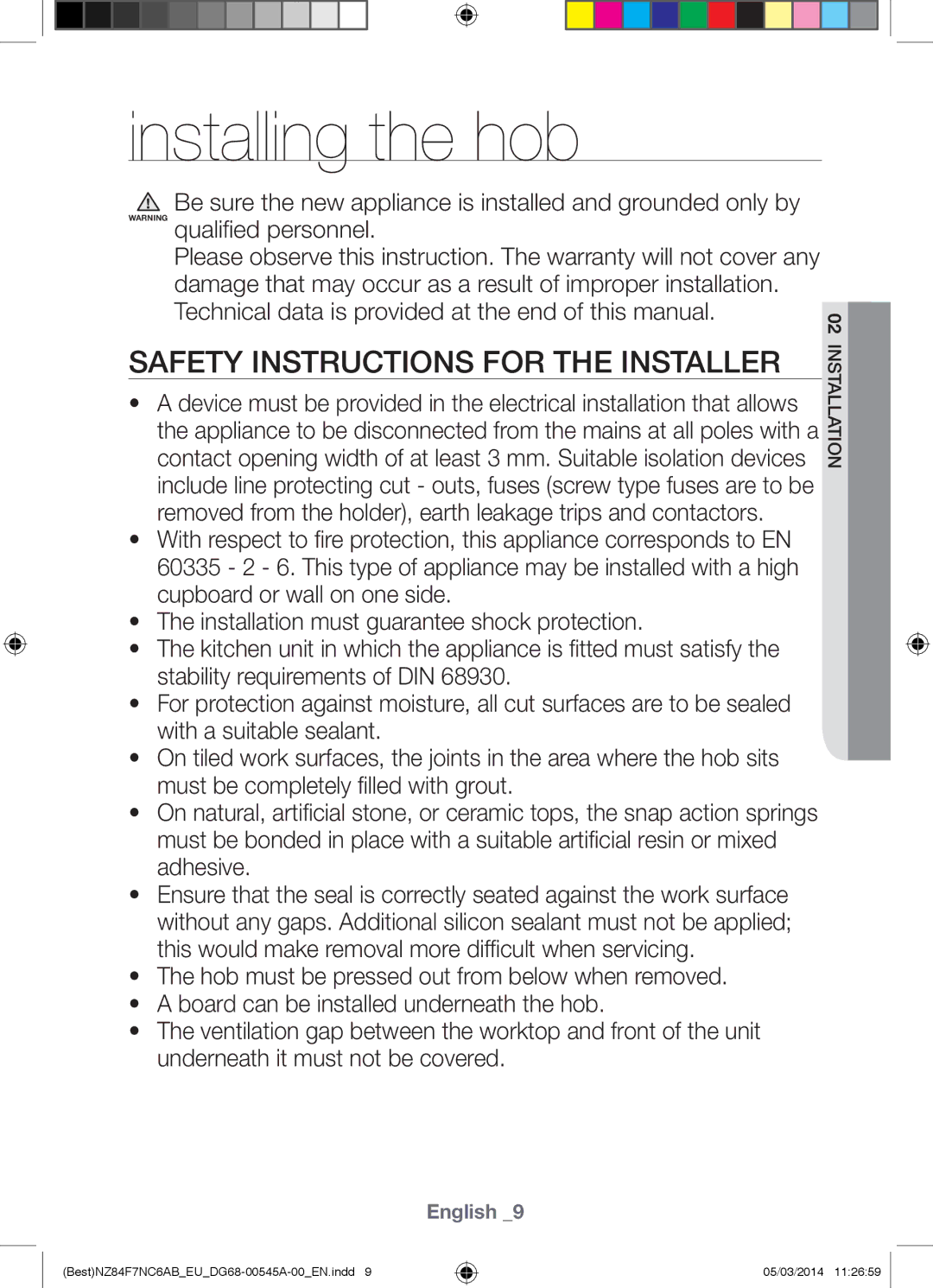 Samsung NZ84F7NC6AB/EU manual Installing the hob, Safety Instructions for the Installer 