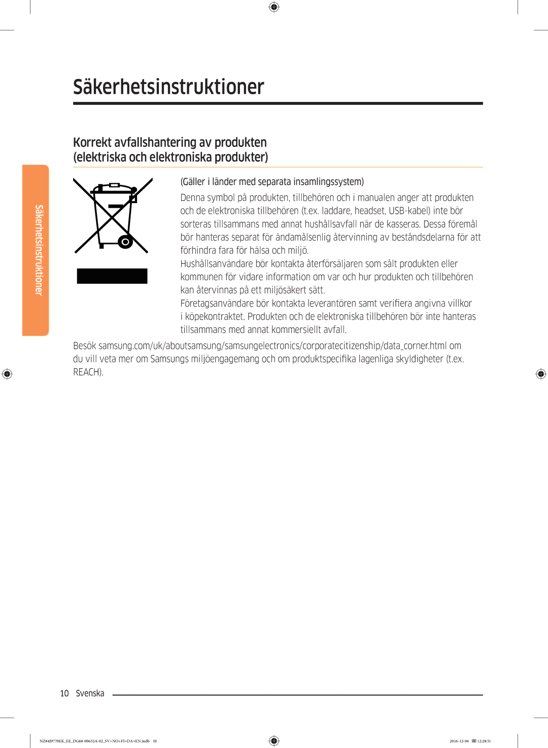 Samsung NZ84J9770EK/EE manual Säkerhetsinstruktioner 