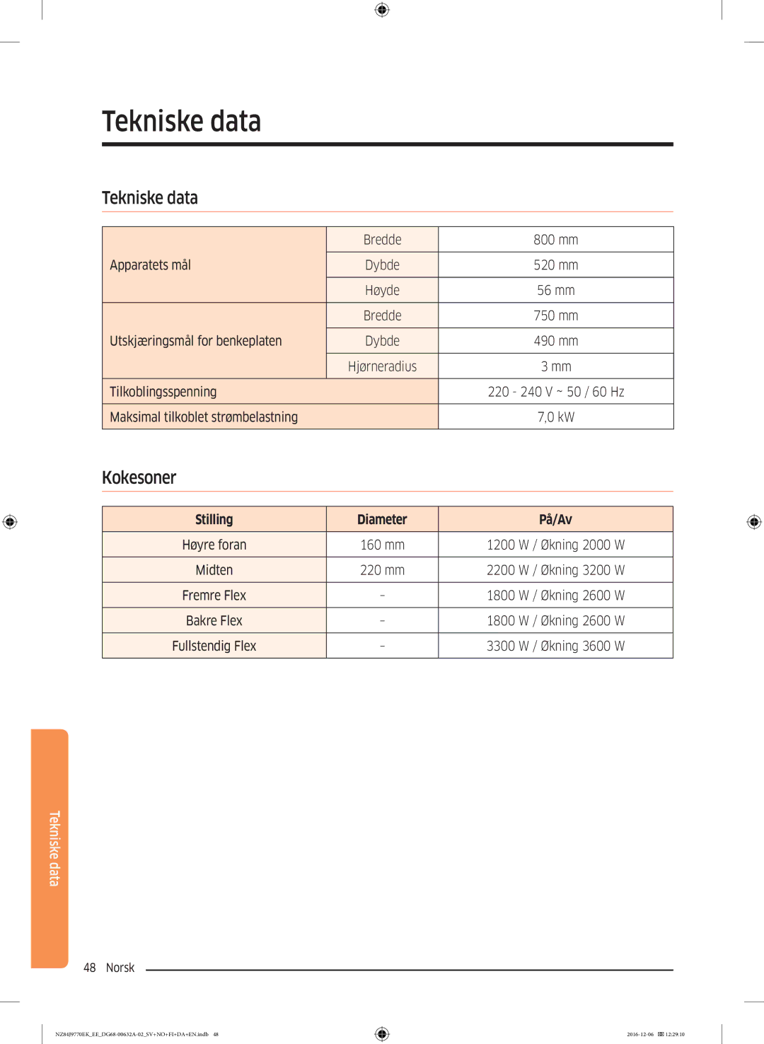 Samsung NZ84J9770EK/EE manual Tekniske data, Stilling Diameter På/Av 