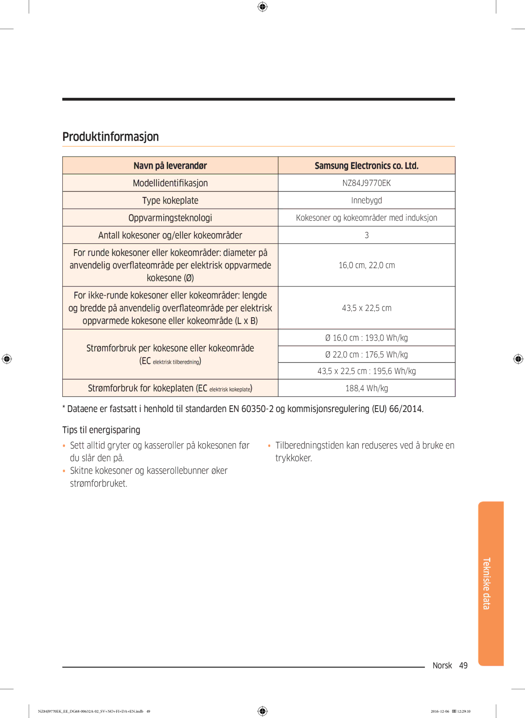 Samsung NZ84J9770EK/EE manual Produktinformasjon, Navn på leverandør 