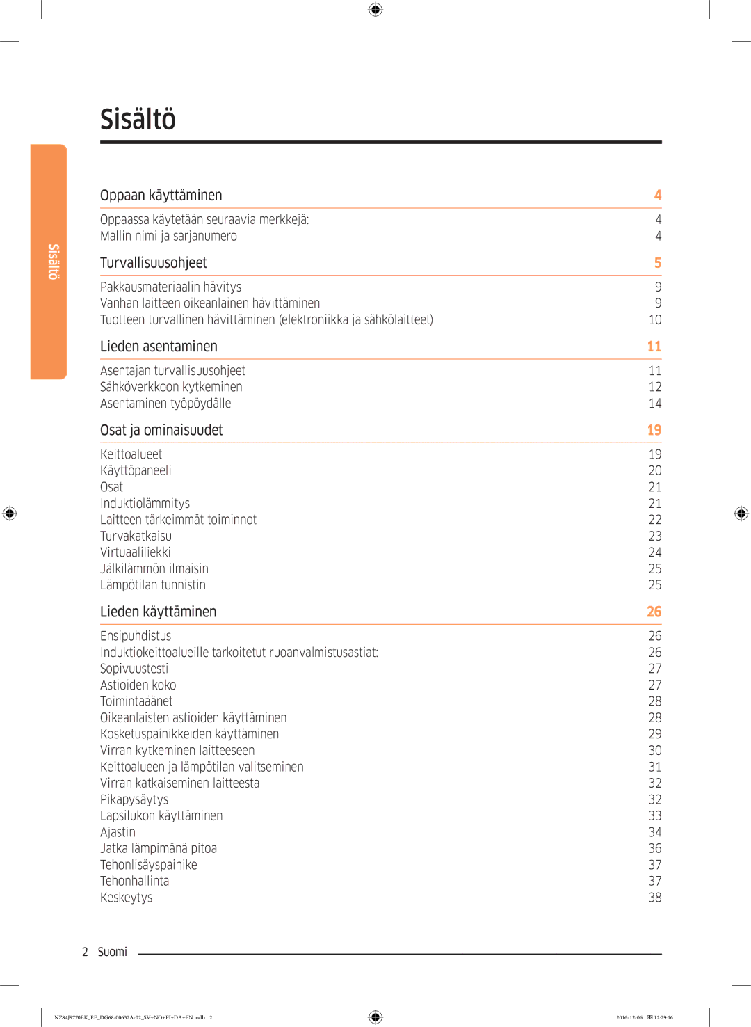 Samsung NZ84J9770EK/EE manual Sisältö 