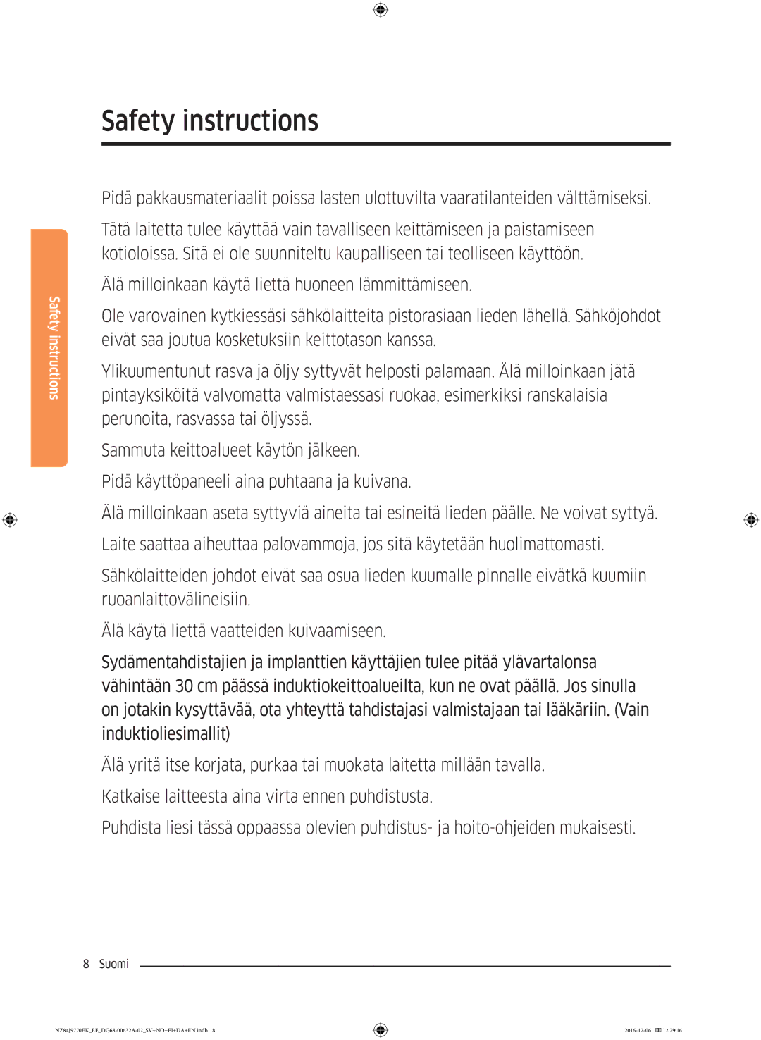 Samsung NZ84J9770EK/EE manual Safety instructions 