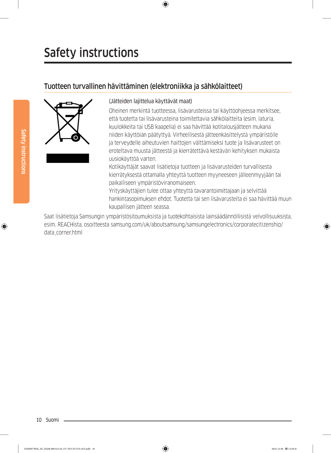 Samsung NZ84J9770EK/EE manual Safety instructions 