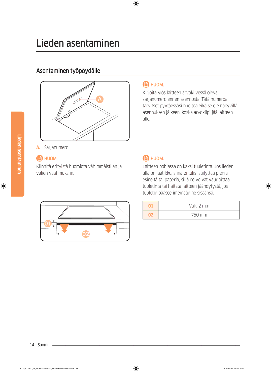 Samsung NZ84J9770EK/EE manual Asentaminen työpöydälle, Väh mm 