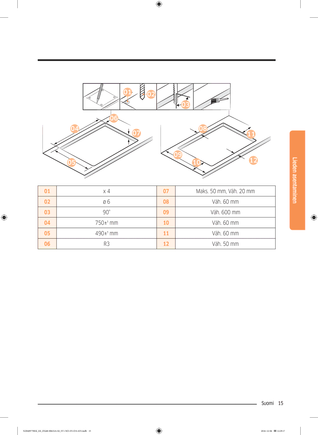 Samsung NZ84J9770EK/EE manual Väh mm 