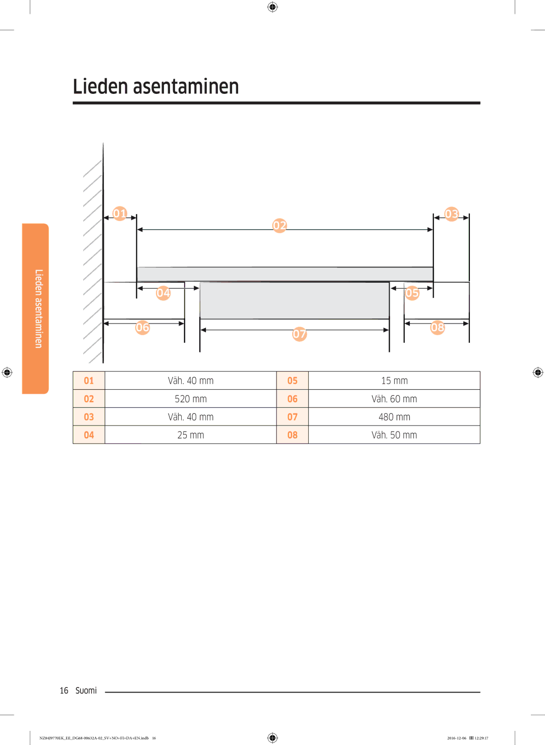 Samsung NZ84J9770EK/EE manual Väh mm 15 mm 