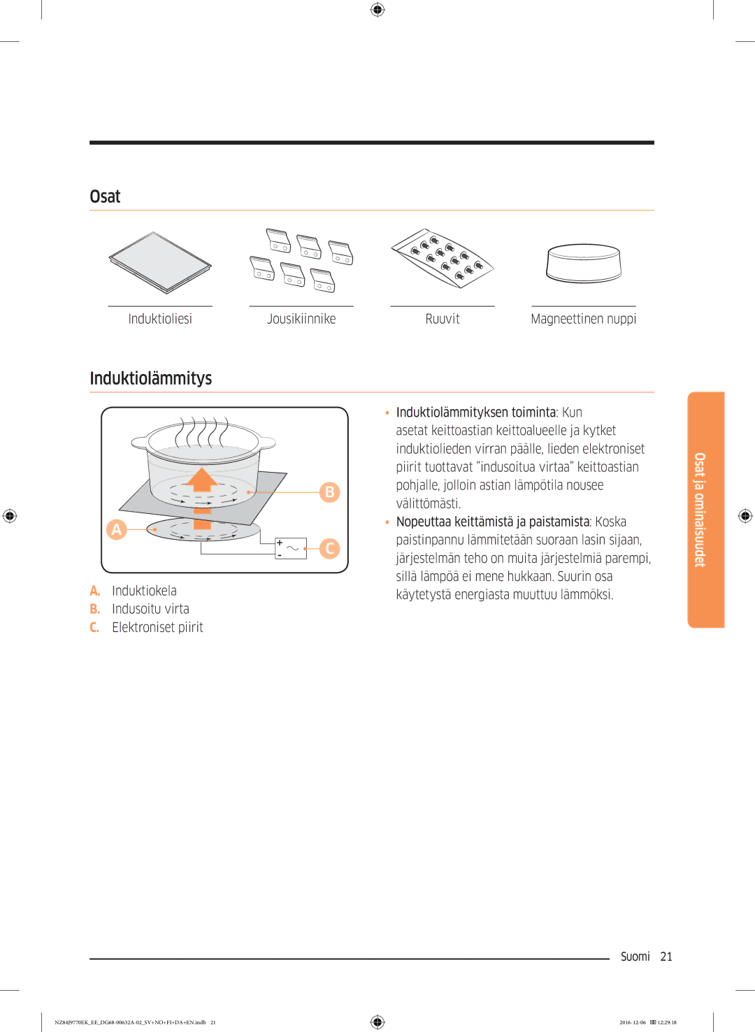 Samsung NZ84J9770EK/EE manual Osat, Induktiolämmitys, Induktioliesi Jousikiinnike Ruuvit 