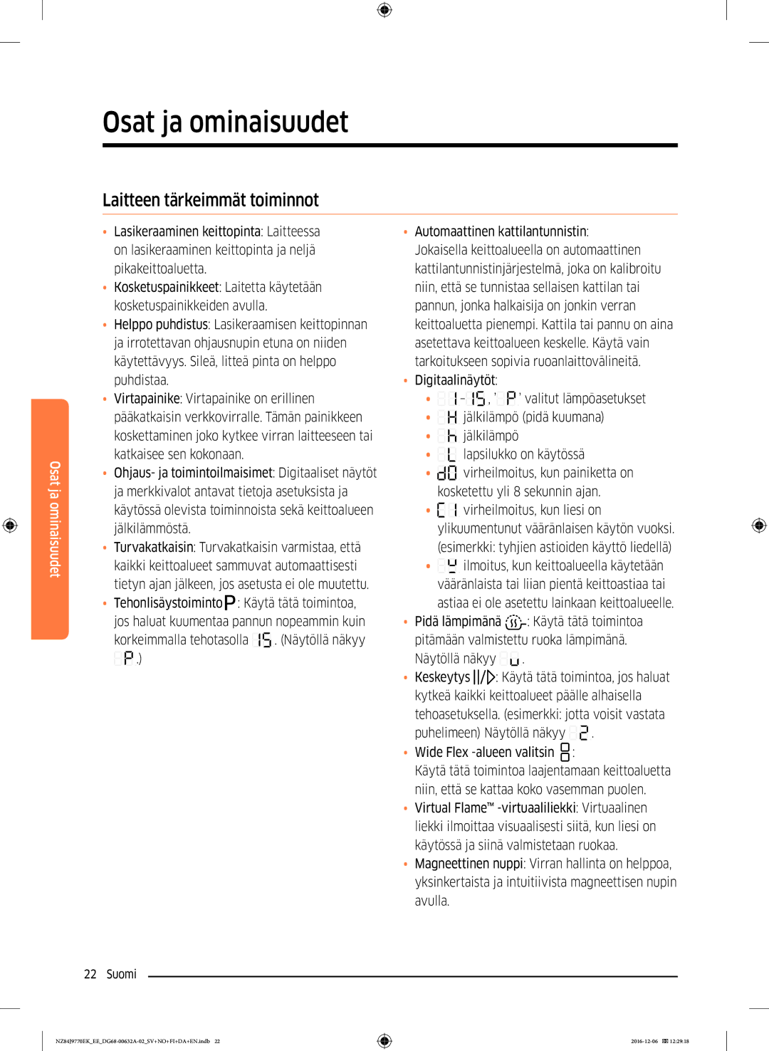 Samsung NZ84J9770EK/EE manual Laitteen tärkeimmät toiminnot 