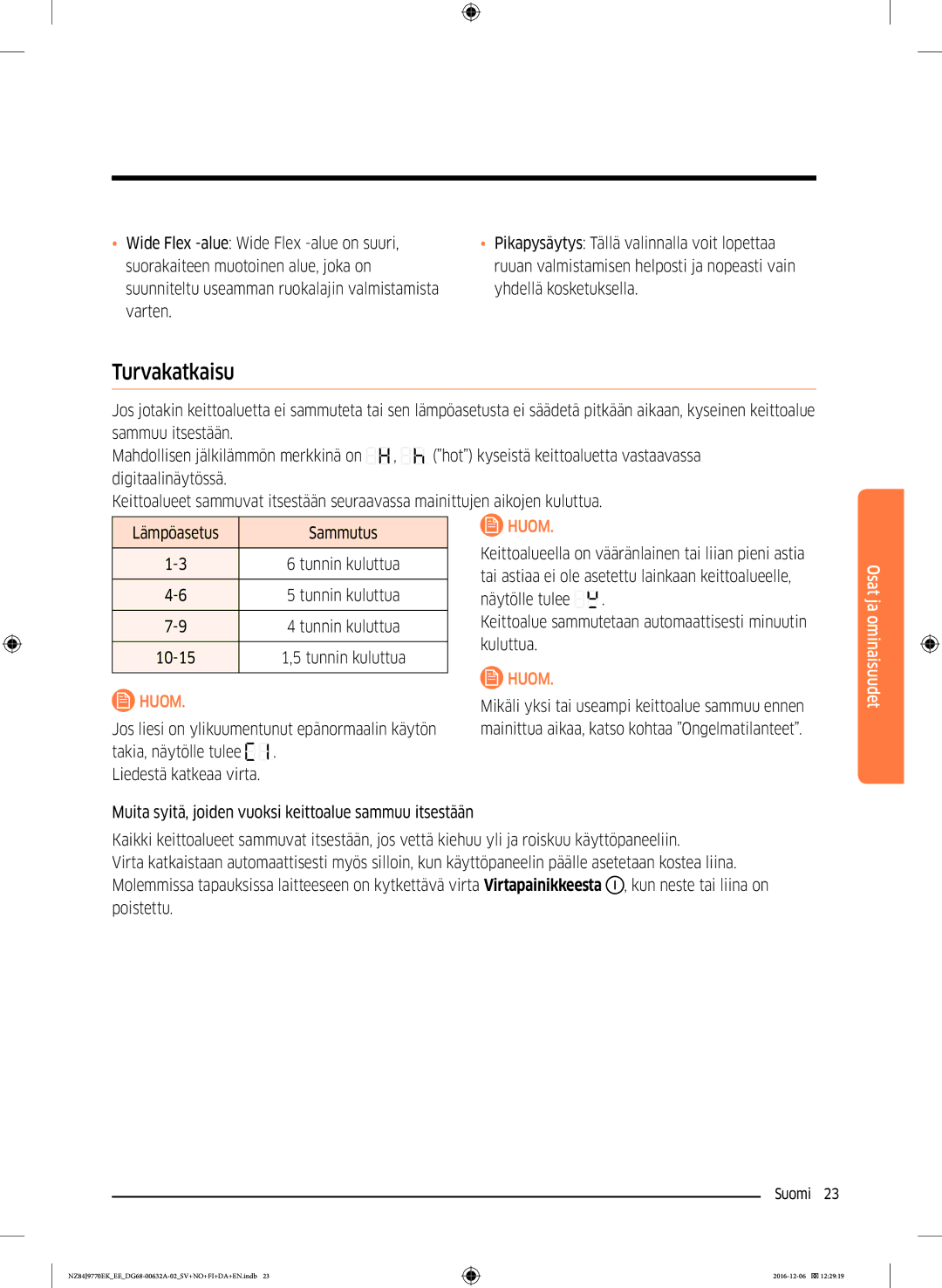 Samsung NZ84J9770EK/EE manual Turvakatkaisu, 10-15 