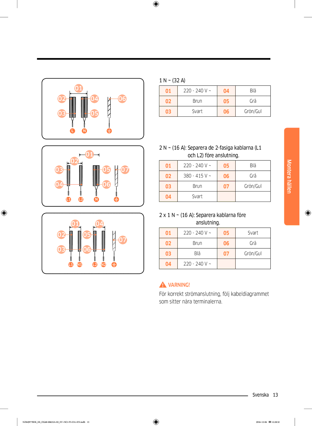 Samsung NZ84J9770EK/EE manual ~ 32 a, 1 N ~ 16 a Separera kablarna före anslutning 