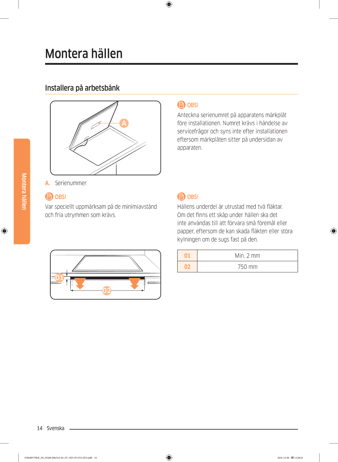 Samsung NZ84J9770EK/EE manual Installera på arbetsbänk, Min mm 