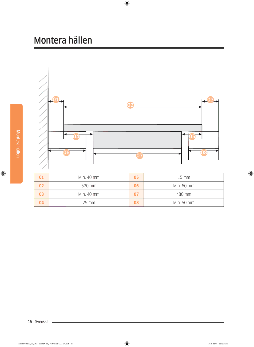 Samsung NZ84J9770EK/EE manual Min mm 15 mm 