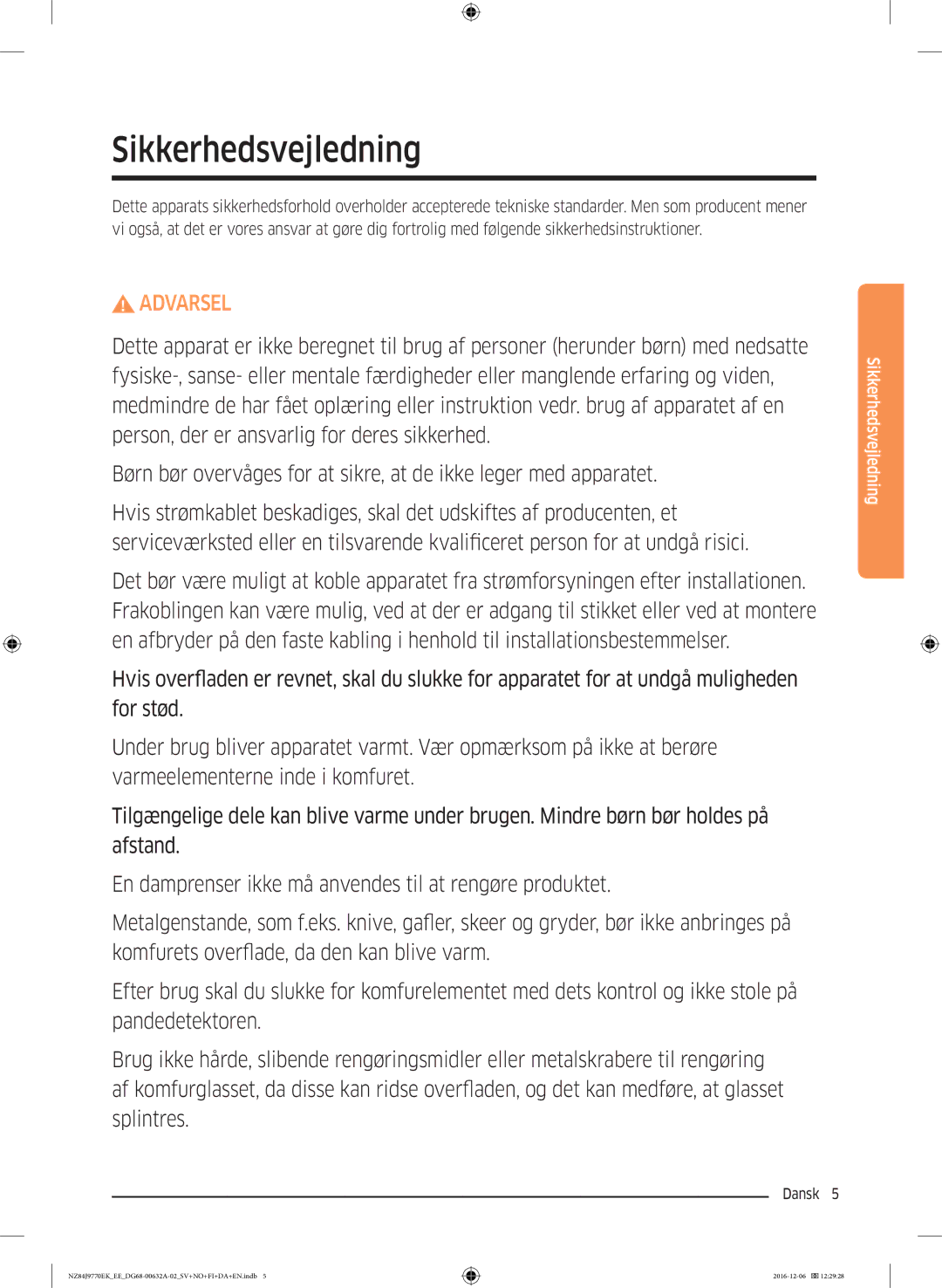 Samsung NZ84J9770EK/EE manual Sikkerhedsvejledning 