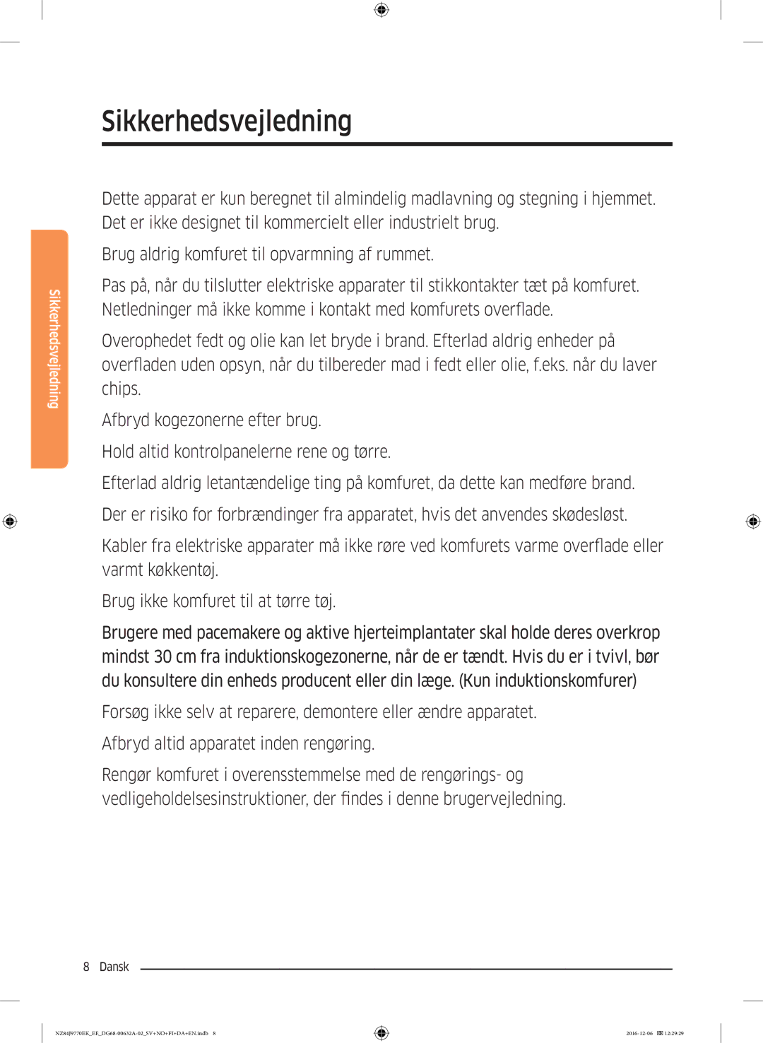 Samsung NZ84J9770EK/EE manual Sikkerhedsvejledning 