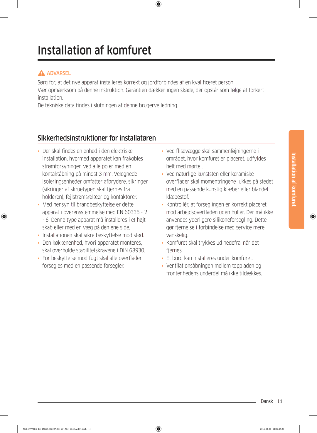 Samsung NZ84J9770EK/EE manual Installation af komfuret, Sikkerhedsinstruktioner for installatøren 