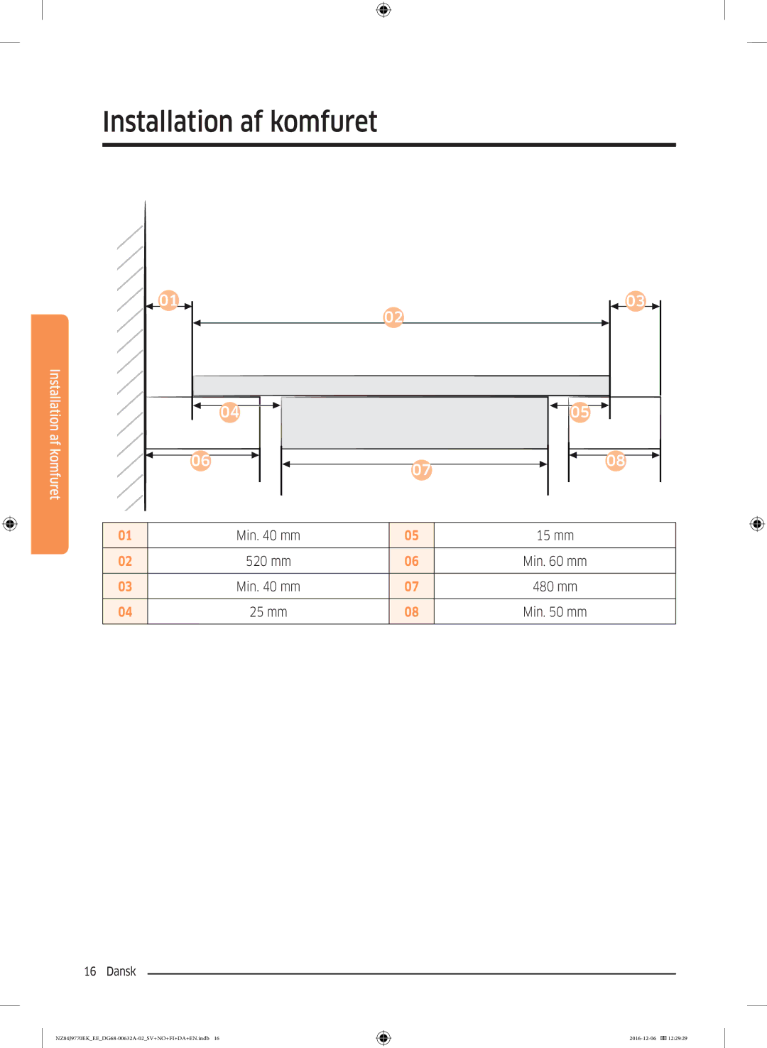 Samsung NZ84J9770EK/EE manual Min mm 15 mm 