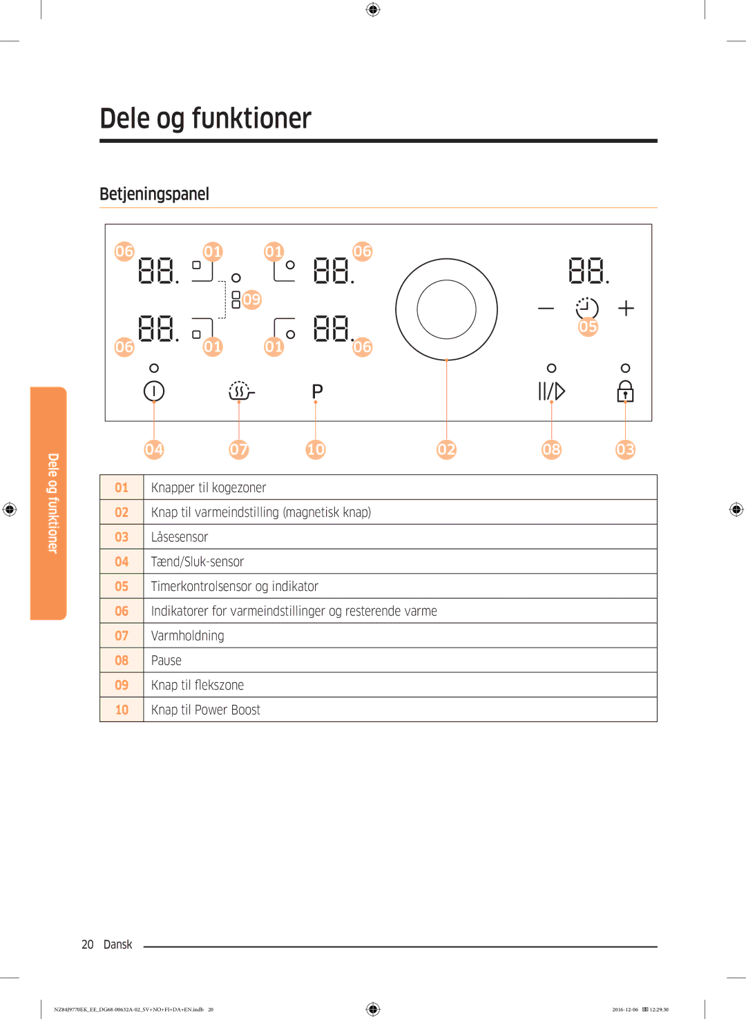 Samsung NZ84J9770EK/EE manual Betjeningspanel 