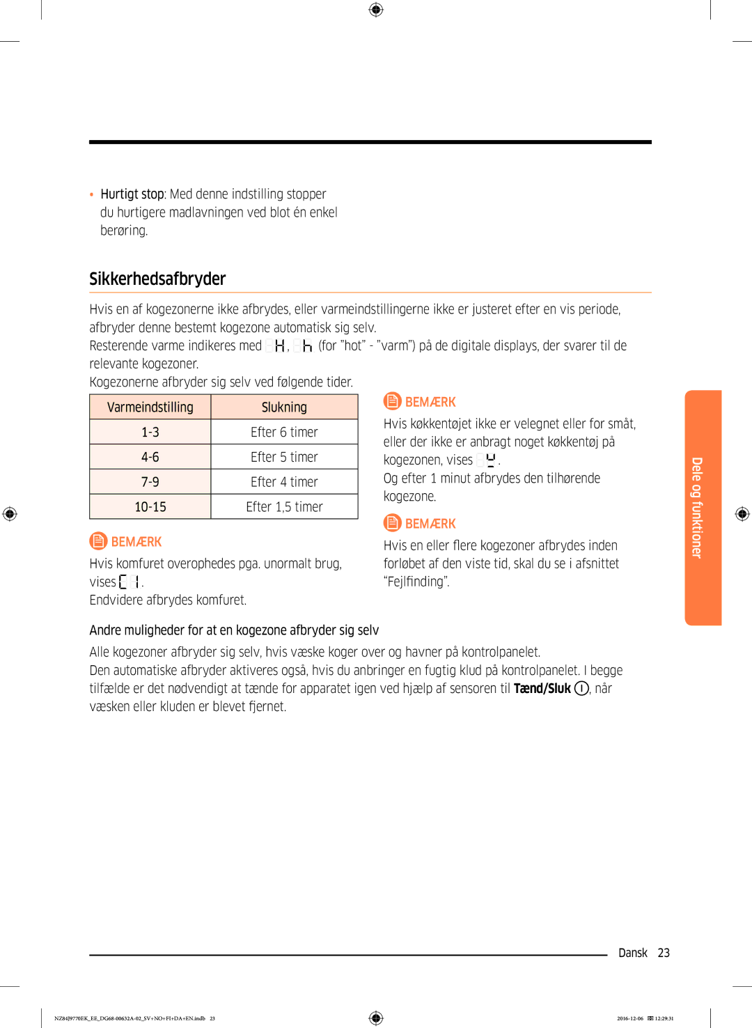 Samsung NZ84J9770EK/EE manual Sikkerhedsafbryder, 10-15 