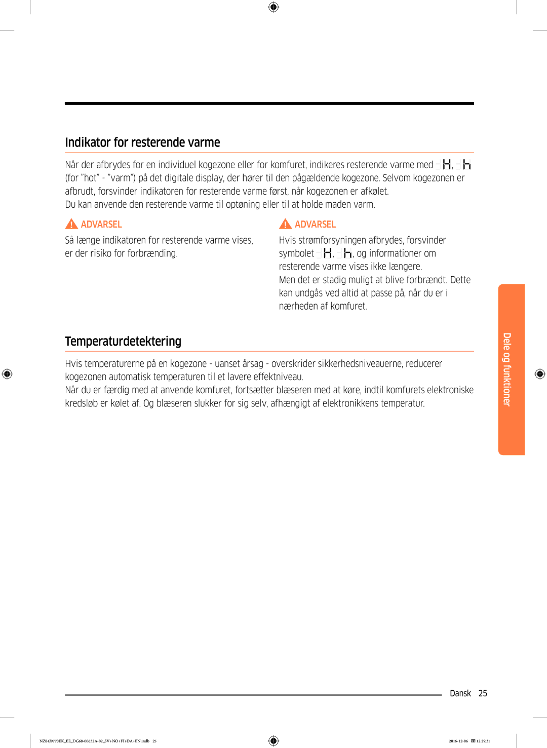 Samsung NZ84J9770EK/EE manual Indikator for resterende varme, Temperaturdetektering 