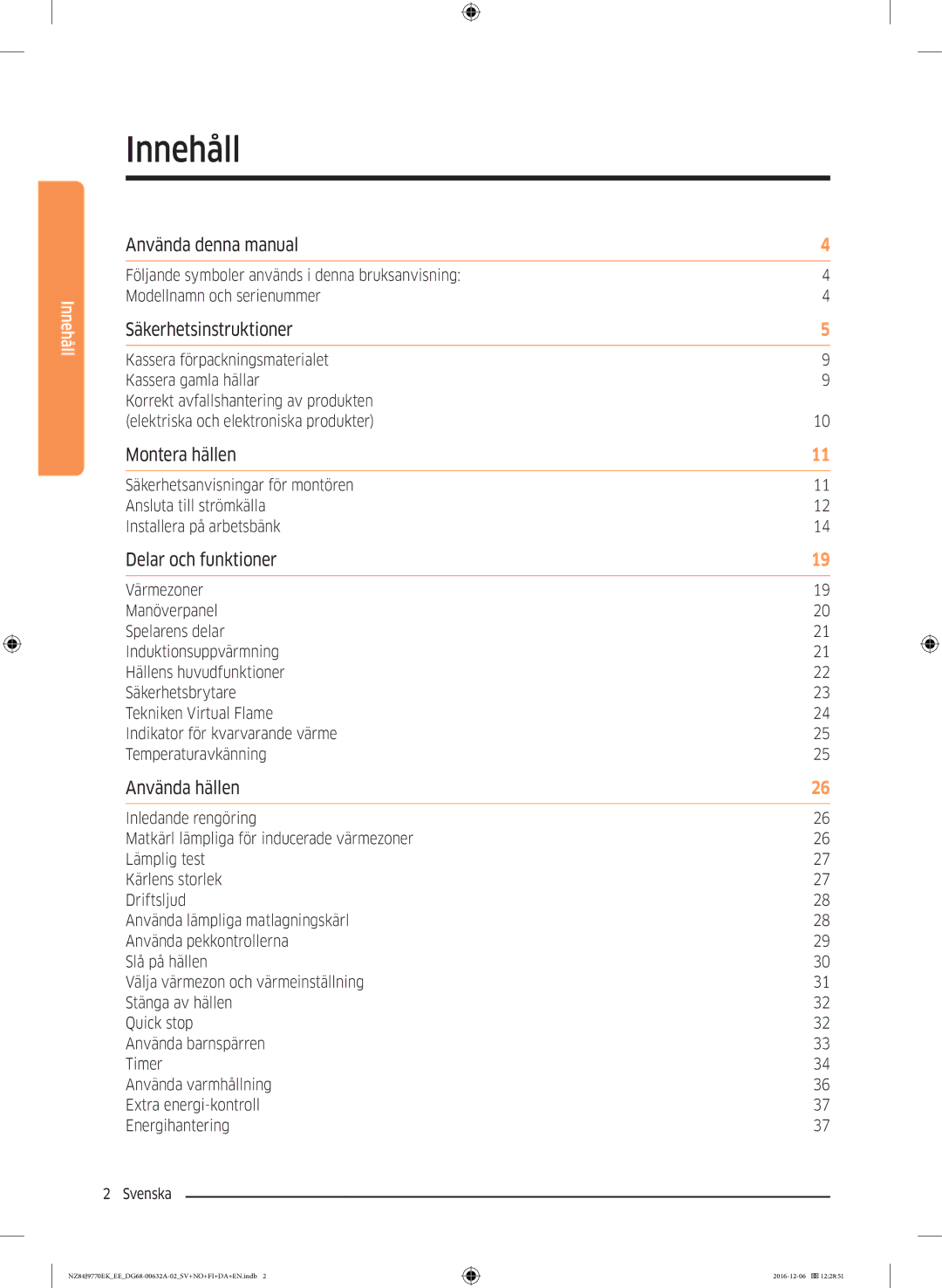 Samsung NZ84J9770EK/EE manual Innehåll 