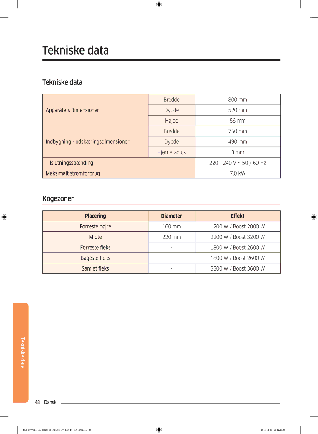 Samsung NZ84J9770EK/EE manual Placering Diameter Effekt 