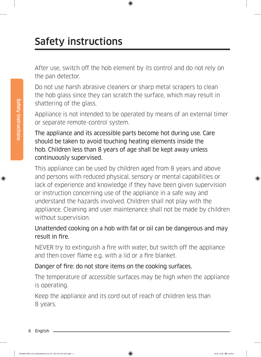 Samsung NZ84J9770EK/EE manual Safety instructions 