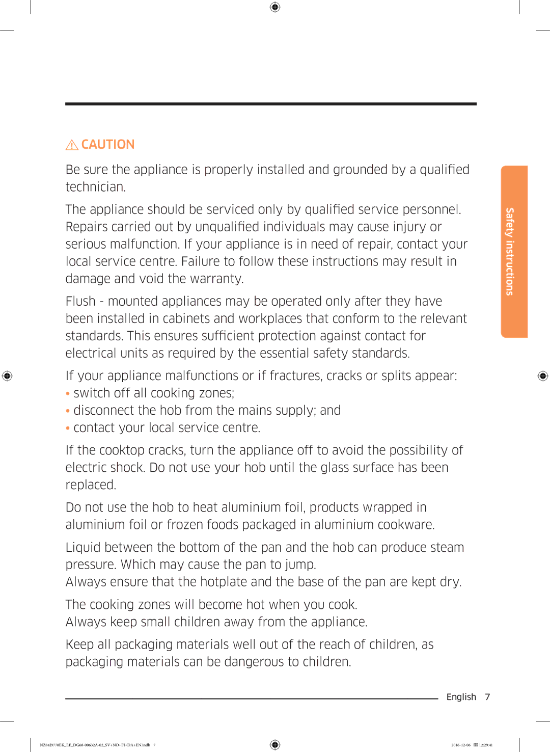 Samsung NZ84J9770EK/EE manual Safety instructions 