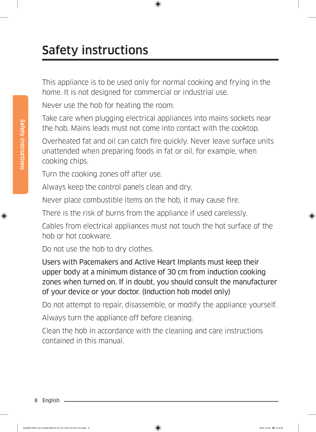 Samsung NZ84J9770EK/EE manual Safety instructions 