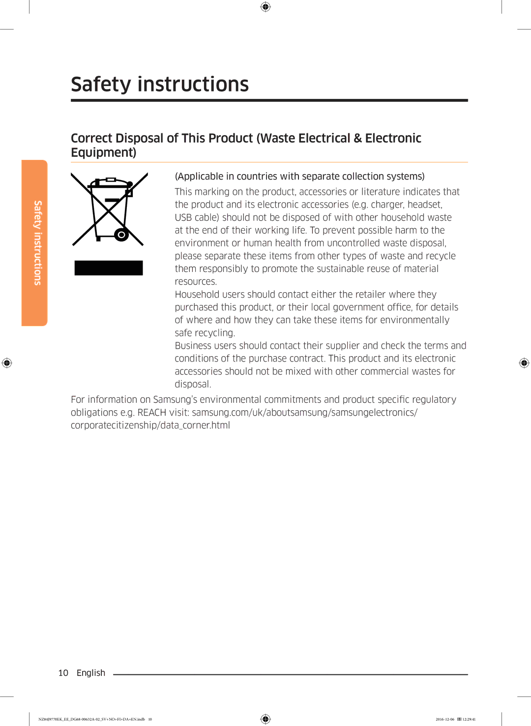 Samsung NZ84J9770EK/EE manual Safety instructions 