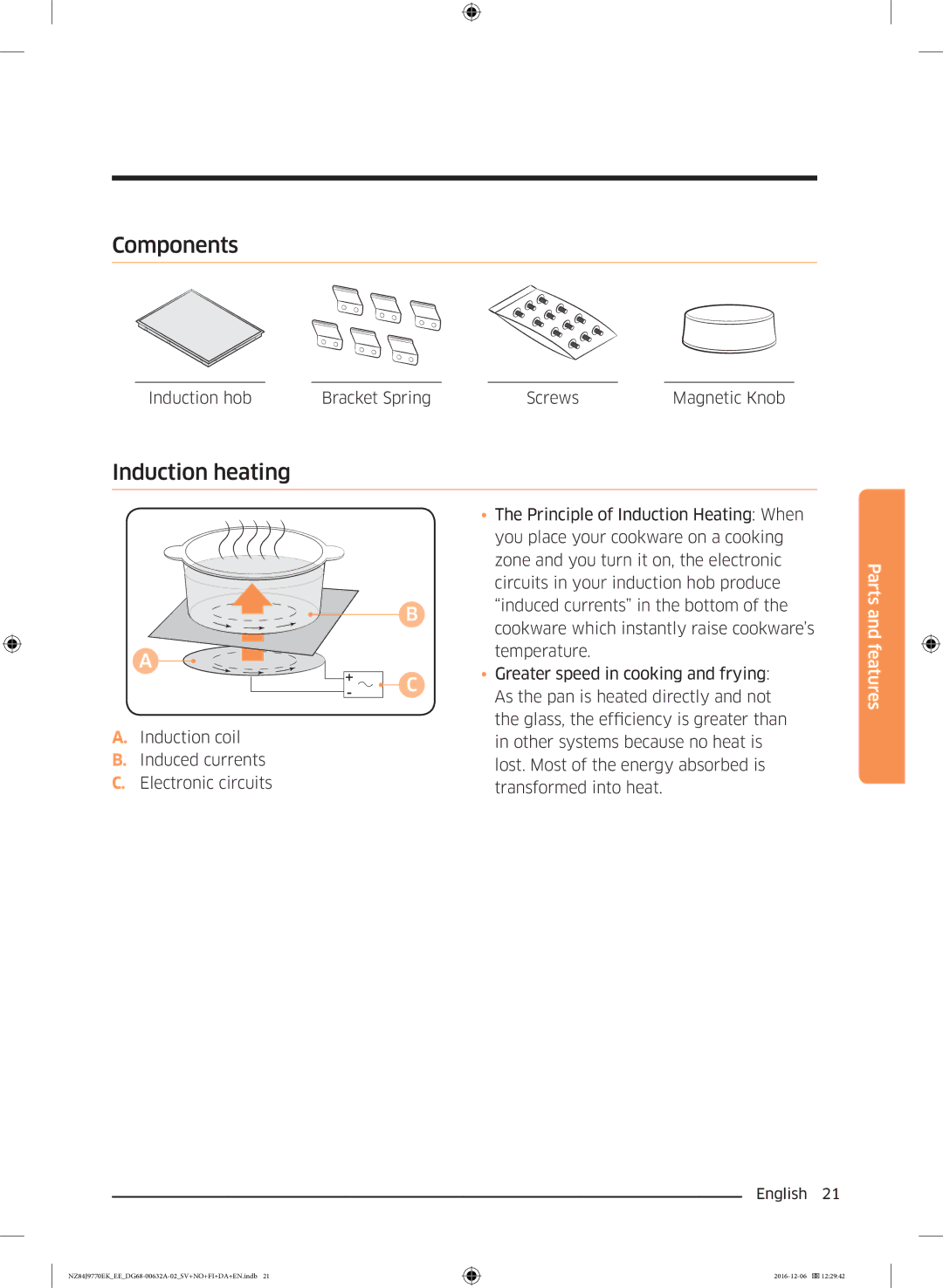 Samsung NZ84J9770EK/EE manual Components, Induction heating, Induction hob Bracket Spring Screws Magnetic Knob 