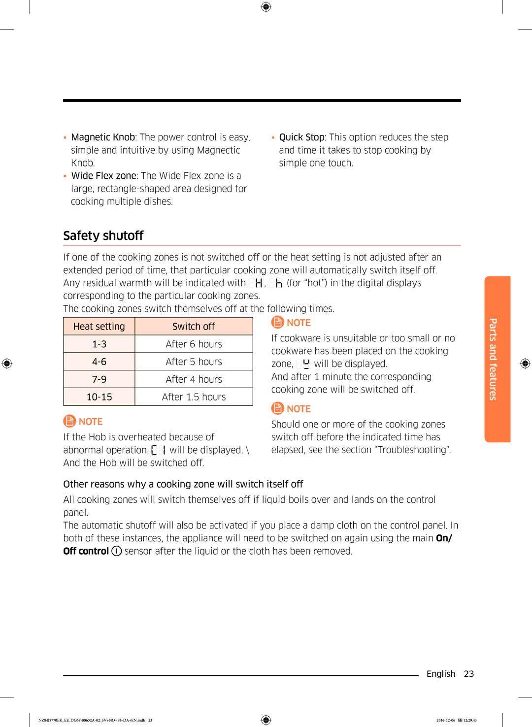 Samsung NZ84J9770EK/EE manual Safety shutoff 