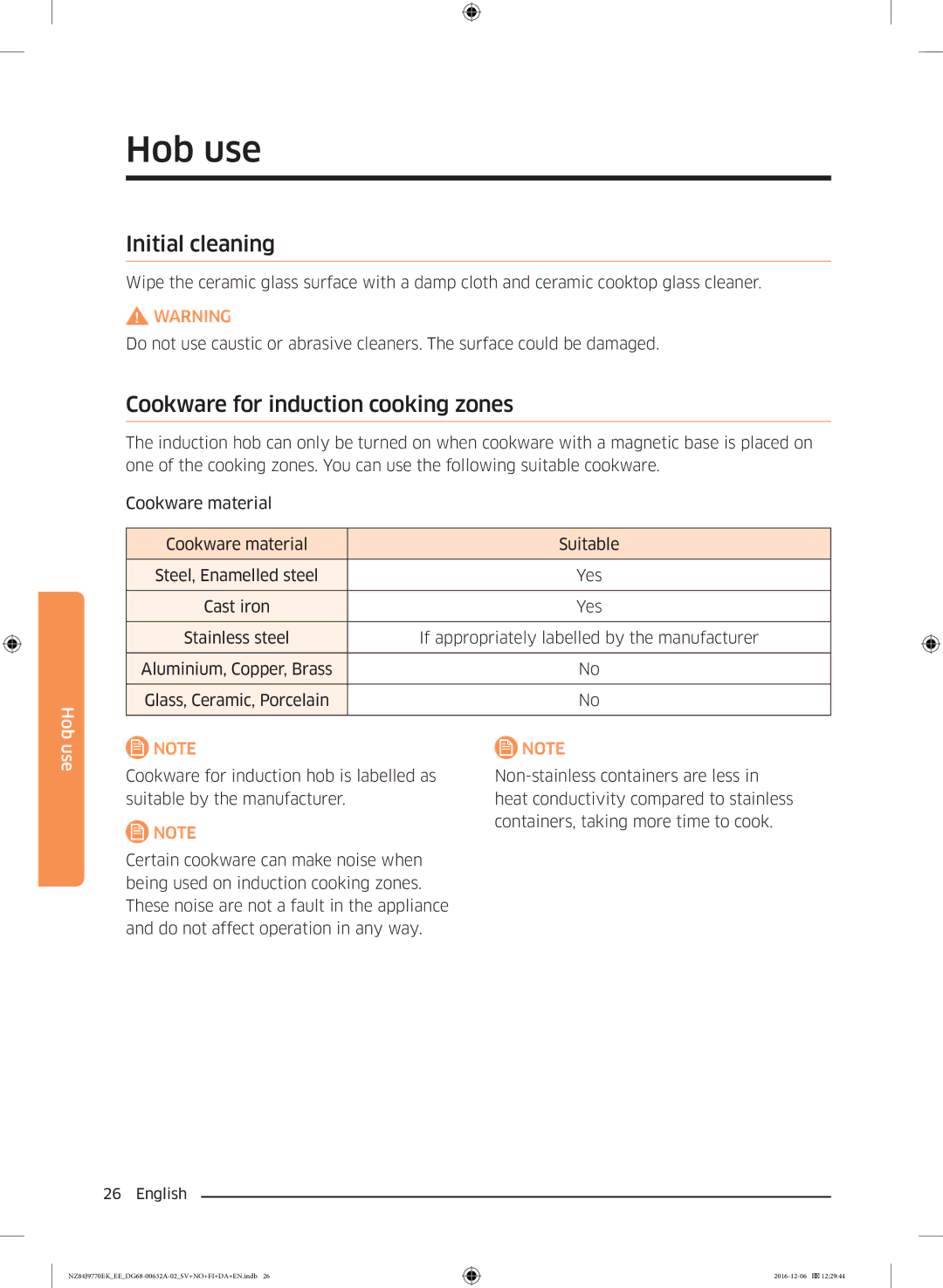 Samsung NZ84J9770EK/EE manual Hob use, Initial cleaning, Cookware for induction cooking zones, Cast iron 