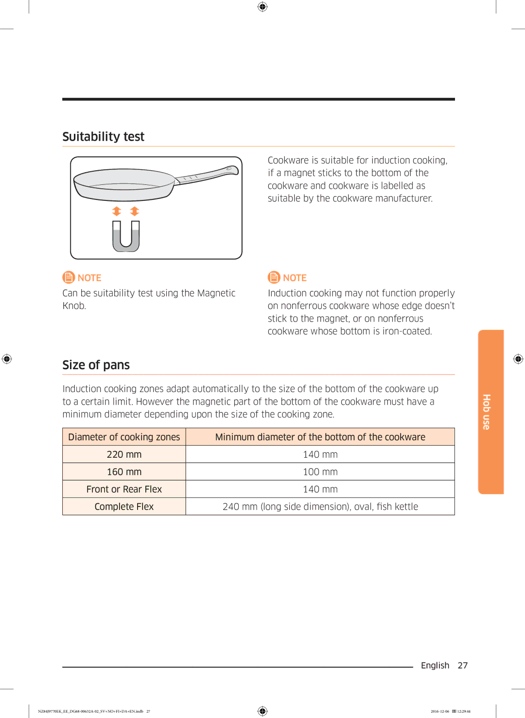 Samsung NZ84J9770EK/EE manual Suitability test, Size of pans 