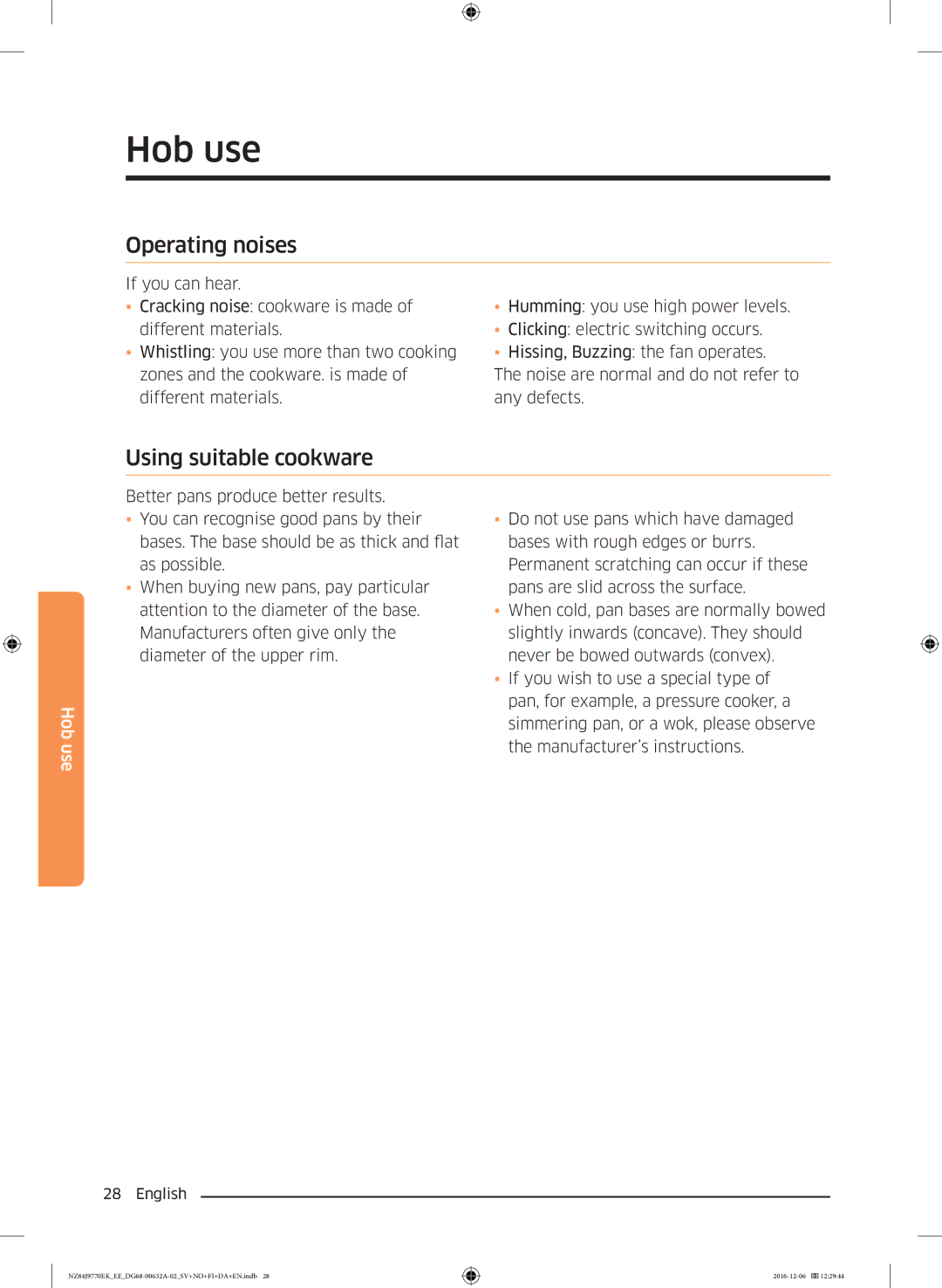 Samsung NZ84J9770EK/EE manual Operating noises, Using suitable cookware 