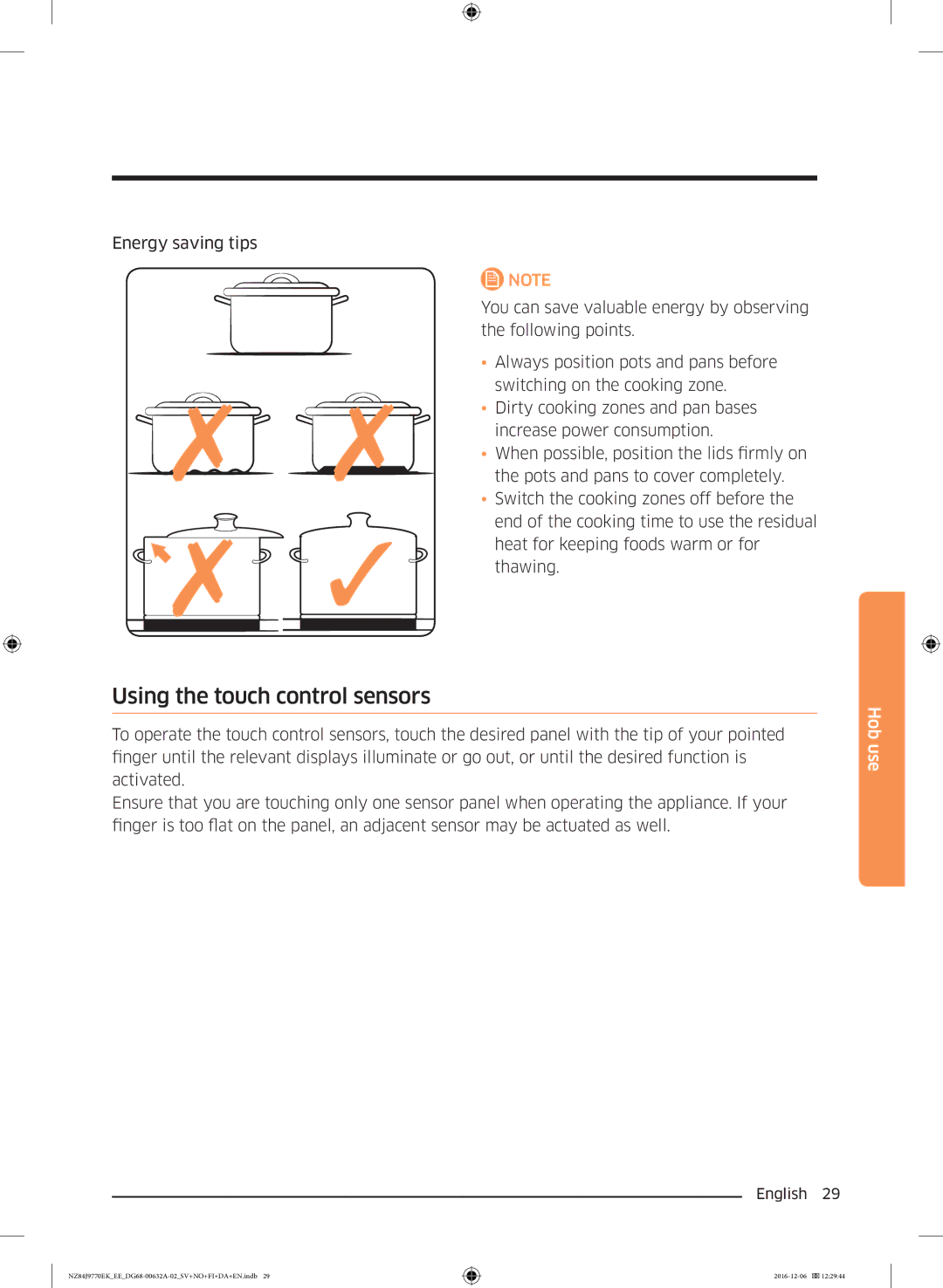 Samsung NZ84J9770EK/EE manual Using the touch control sensors 