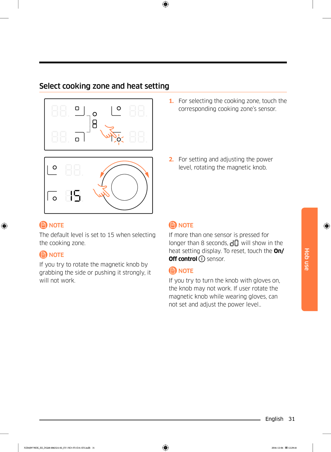 Samsung NZ84J9770EK/EE manual Select cooking zone and heat setting 