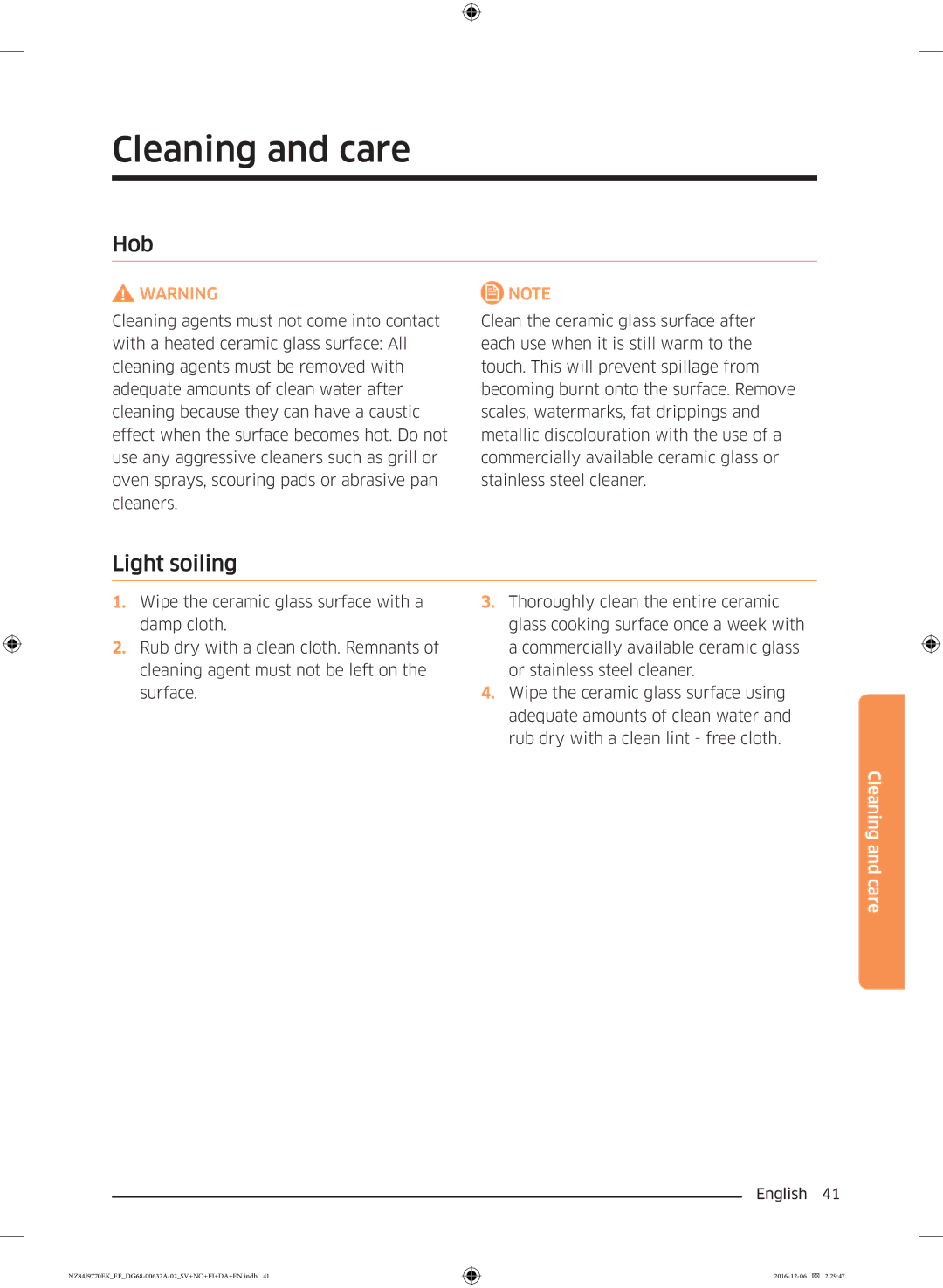 Samsung NZ84J9770EK/EE manual Cleaning and care, Hob, Light soiling 