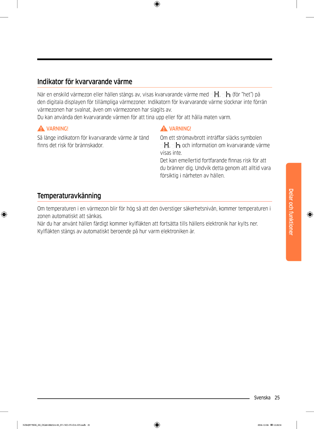 Samsung NZ84J9770EK/EE manual Indikator för kvarvarande värme, Temperaturavkänning 