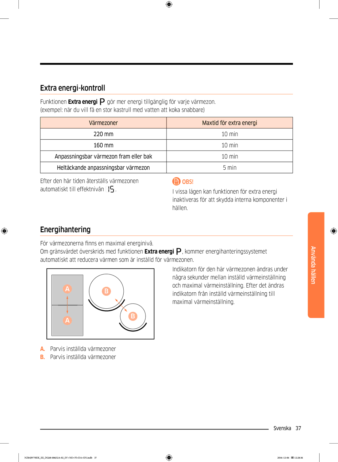 Samsung NZ84J9770EK/EE manual Extra energi-kontroll, Energihantering, Värmezoner Maxtid för extra energi, 10 min 