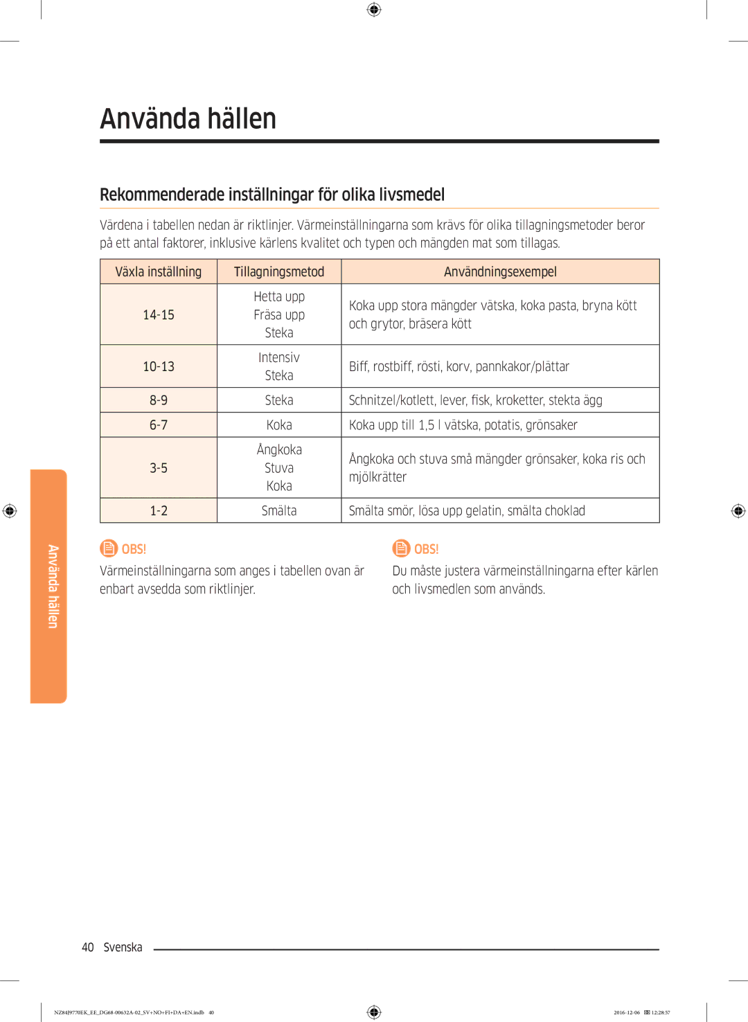 Samsung NZ84J9770EK/EE manual Rekommenderade inställningar för olika livsmedel 