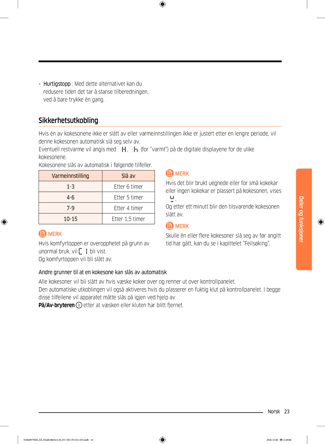 Samsung NZ84J9770EK/EE manual Sikkerhetsutkobling, 10-15 