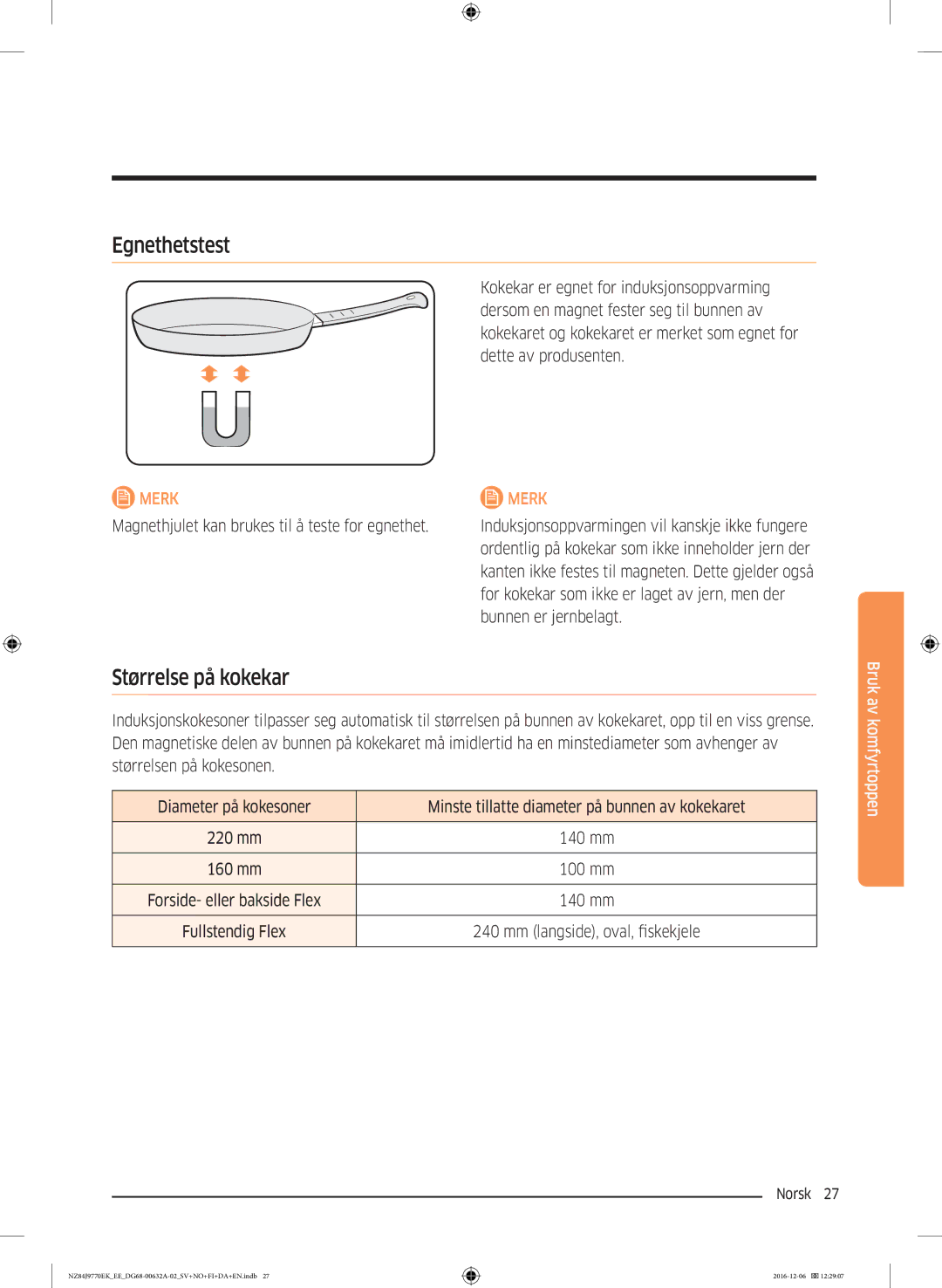 Samsung NZ84J9770EK/EE manual Egnethetstest, Størrelse på kokekar 