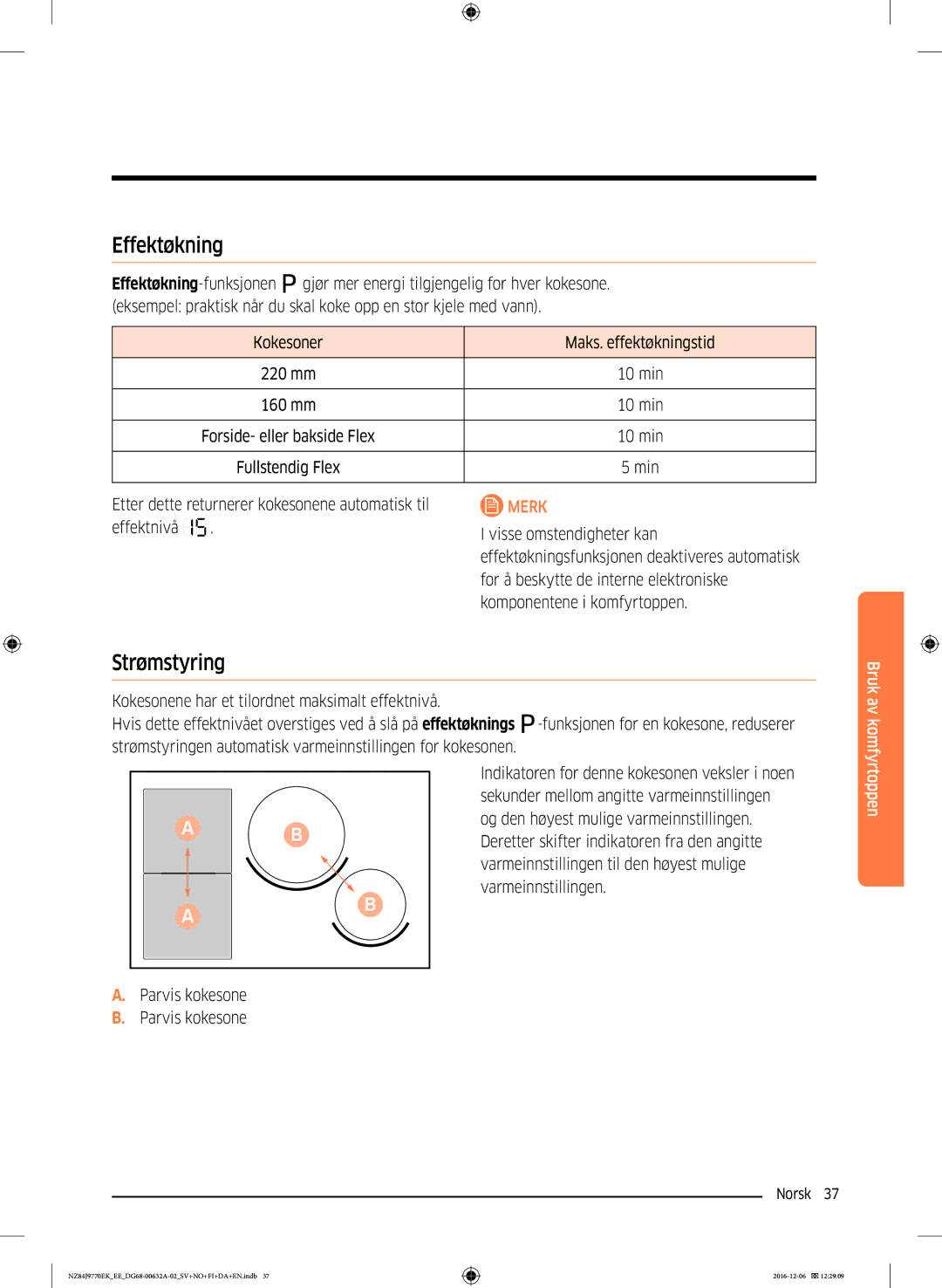 Samsung NZ84J9770EK/EE manual Effektøkning, Strømstyring, Kokesoner Maks. effektøkningstid 